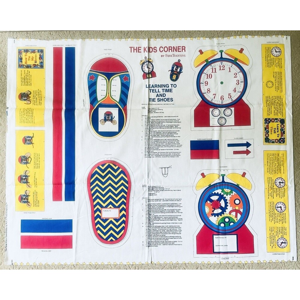 Vtg Cut & Sew Craft Panel Learn to Tell Time & Tie Shoes Teacher Clock